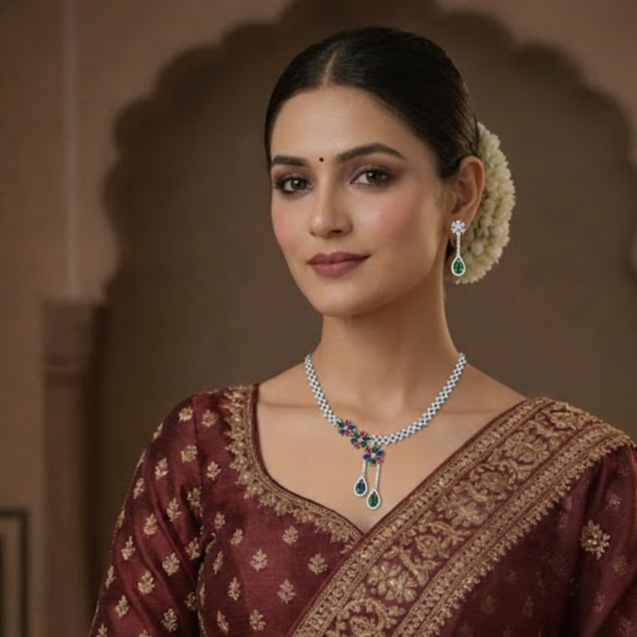 Floral Lattice CZ Necklace & Drop Earring Set