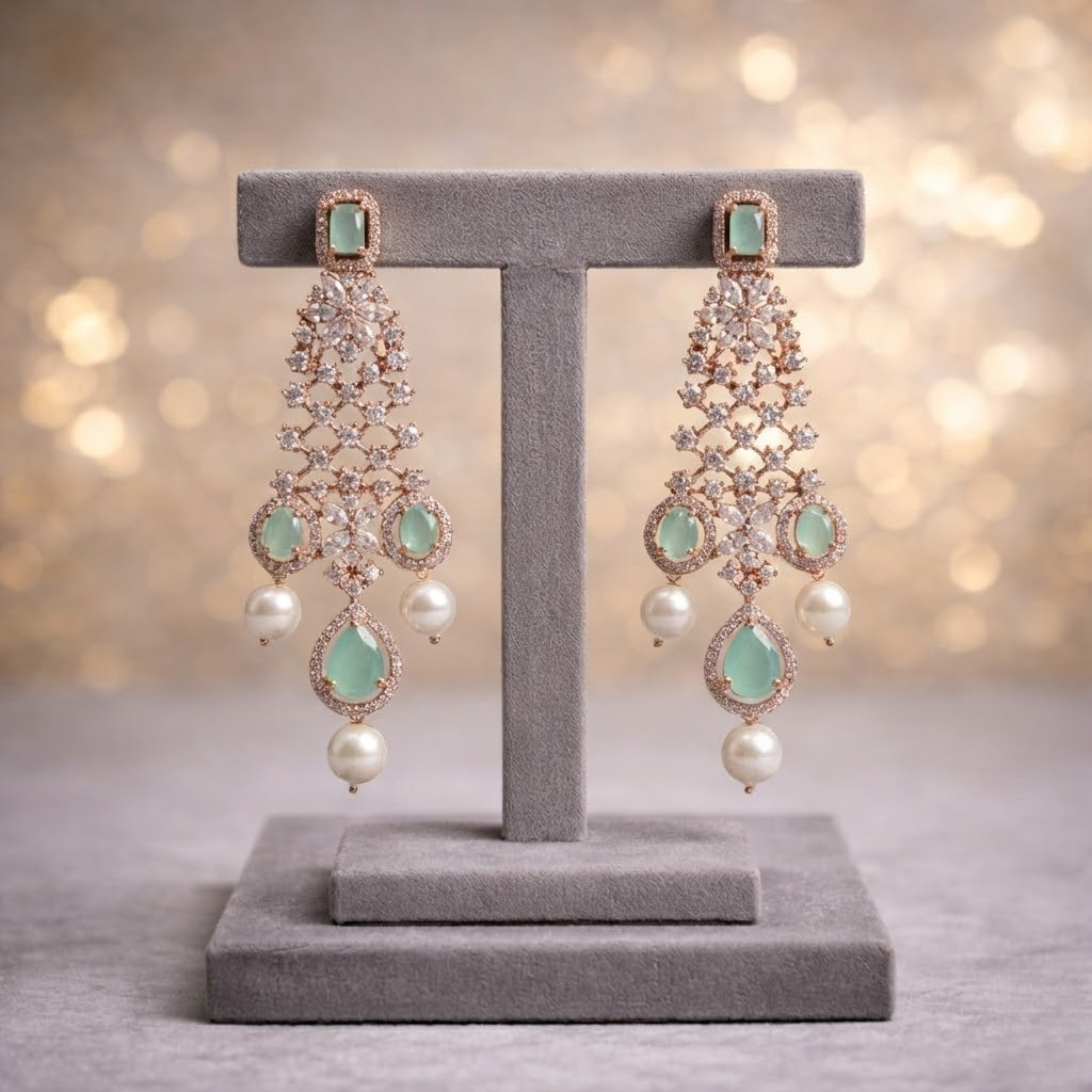 Mint Rose Gold Cocktail Necklace Set with Earrings & Tikka