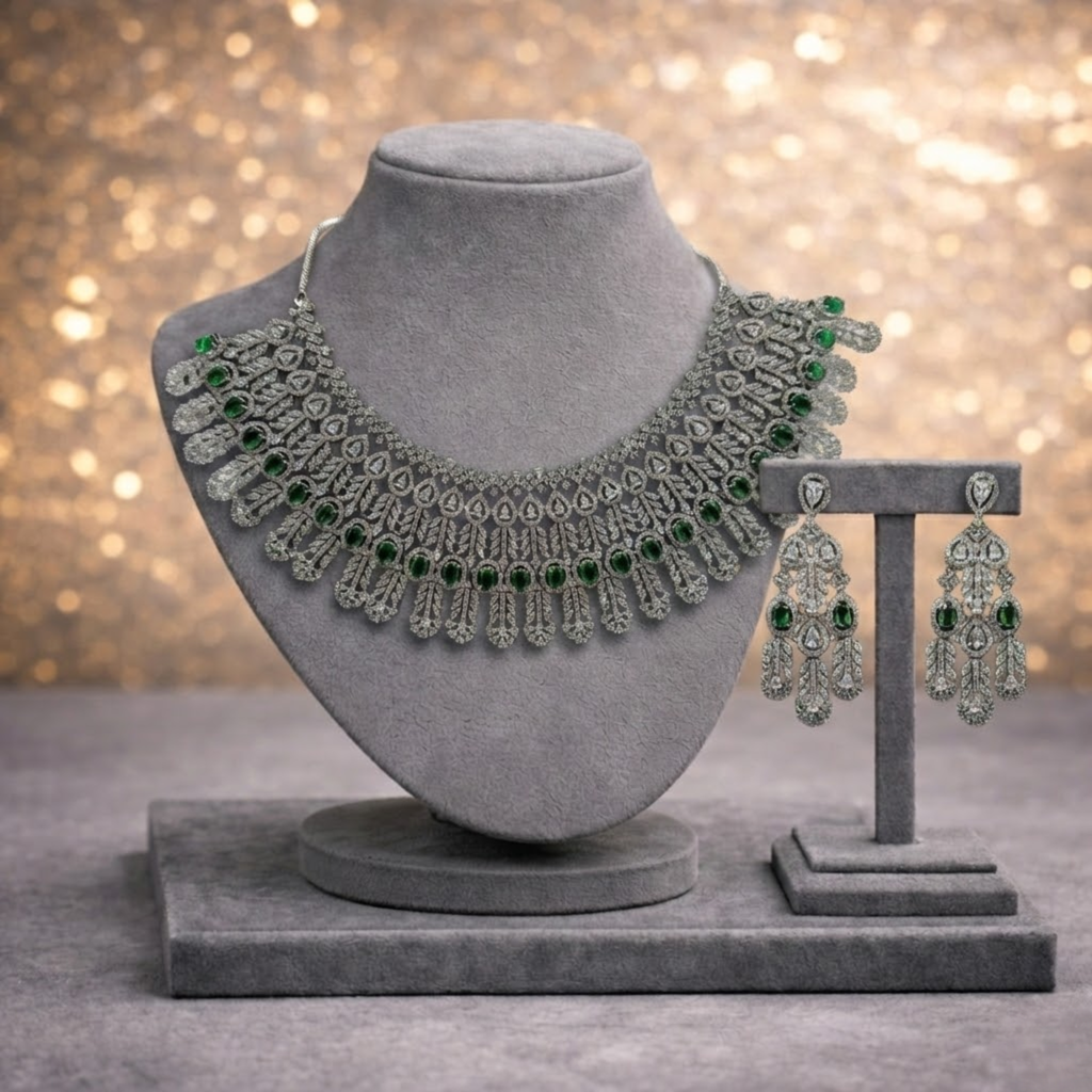 Emerald Green Cocktail American Diamond Necklace Set with Elegant Earrings