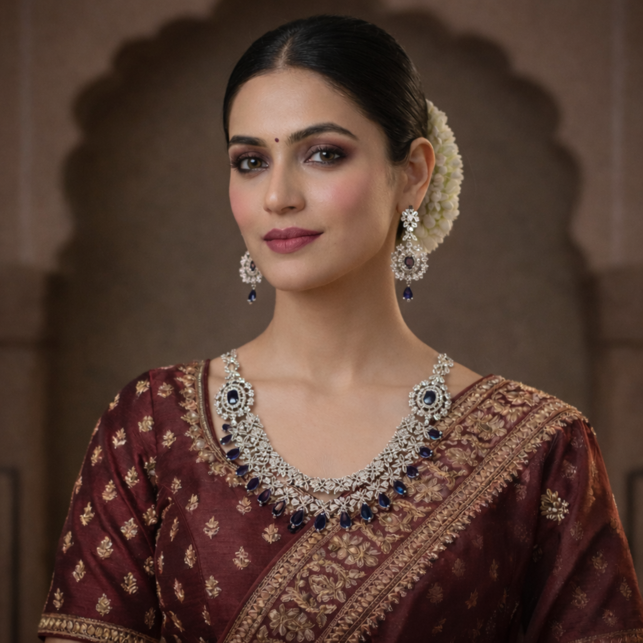 Navy Blue American Diamond Necklace & Earrings Set