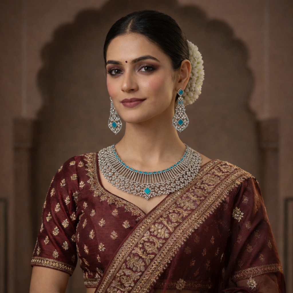 Rani Pink American Diamond Necklace Set with Earrings