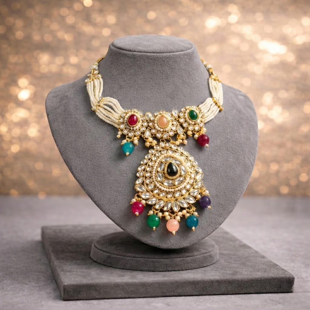 Royal Multicolour Kundan Pearl Necklace Set